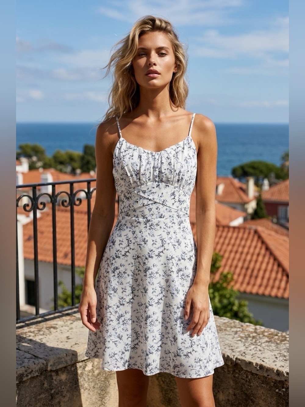 Calista Blue Floral Tie Back Fit & Flare Mini Dress Large Cottagecore